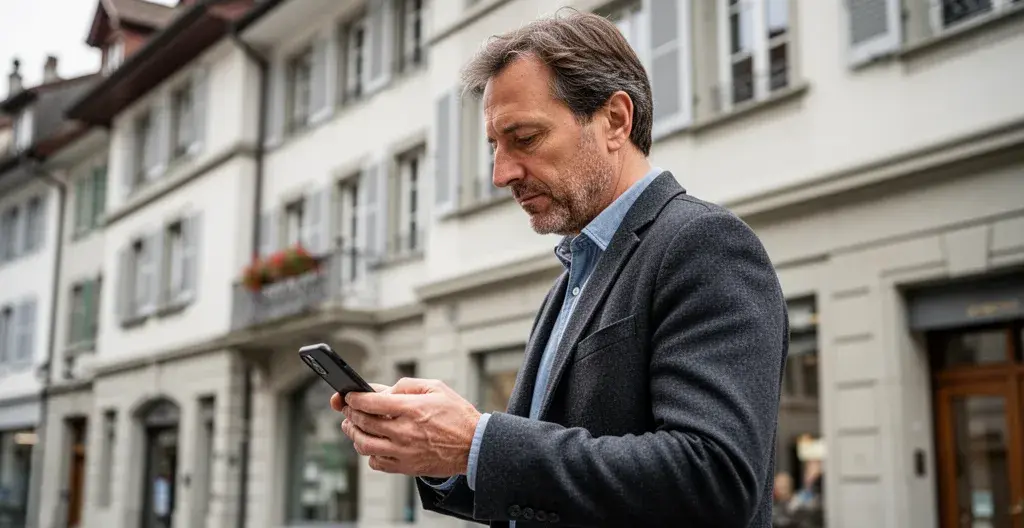 Propriétaire consultant des informations immobilières sur smartphone devant immeuble suisse